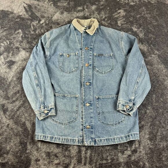 Vtg 80s 90s Lee Riveted Corduroy Collar Denim Barn Chore Jacket Trucker L USA - Picture 1 of 11